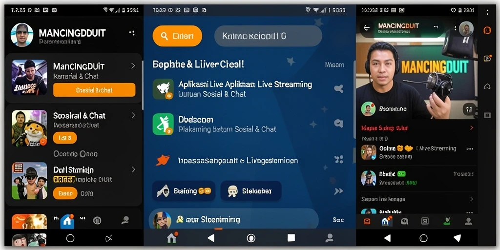 Antarmuka MANCINGDUIT dengan fitur Live Streaming yang interaktif.
